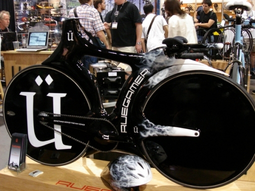 A bicycle purporting to be a carbon-fiber custom-made track bike.  Could also be an alien mothership.